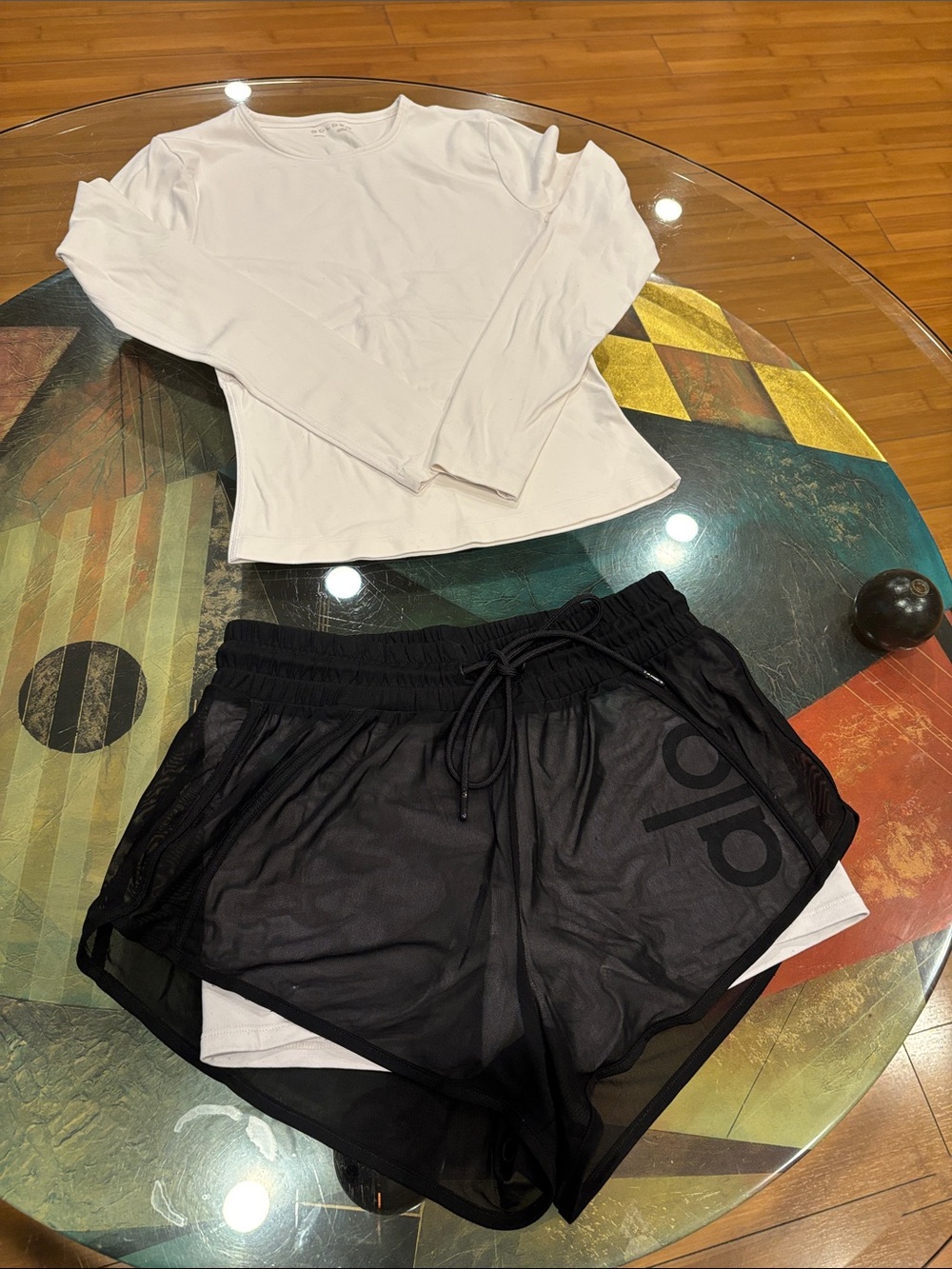 ALO Yoga Black Mesh Athletic Shorts  Inner Liner and Golden Aritizia white top